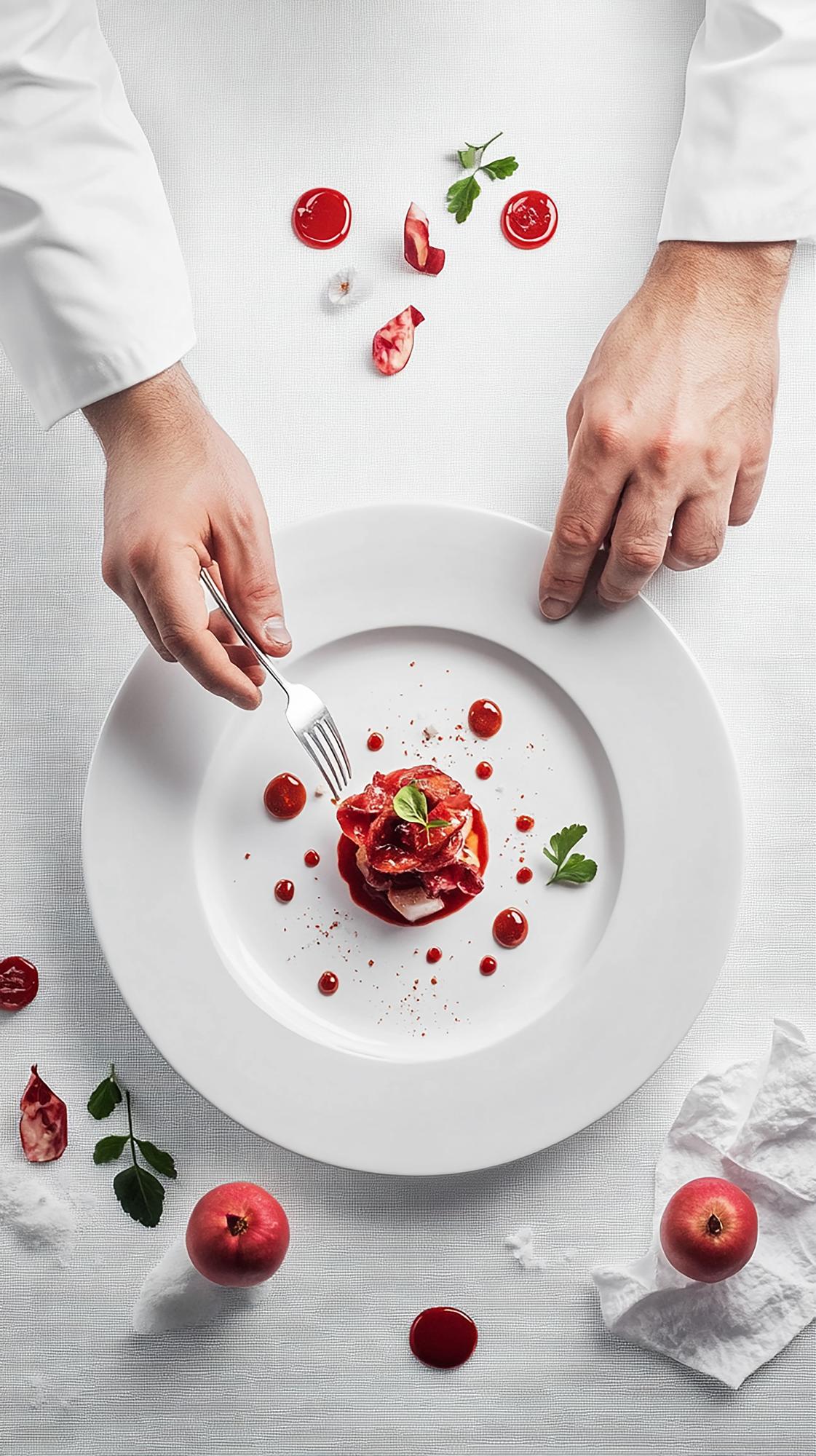 Chef elegante che prepara un piatto raffinato